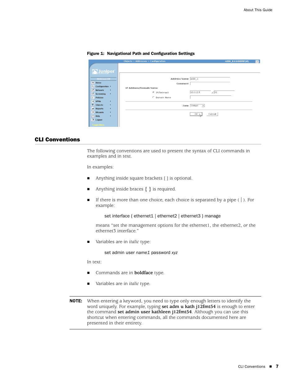 Cli conventions | Juniper Networks SSG 20 User Manual | Page 7 / 86