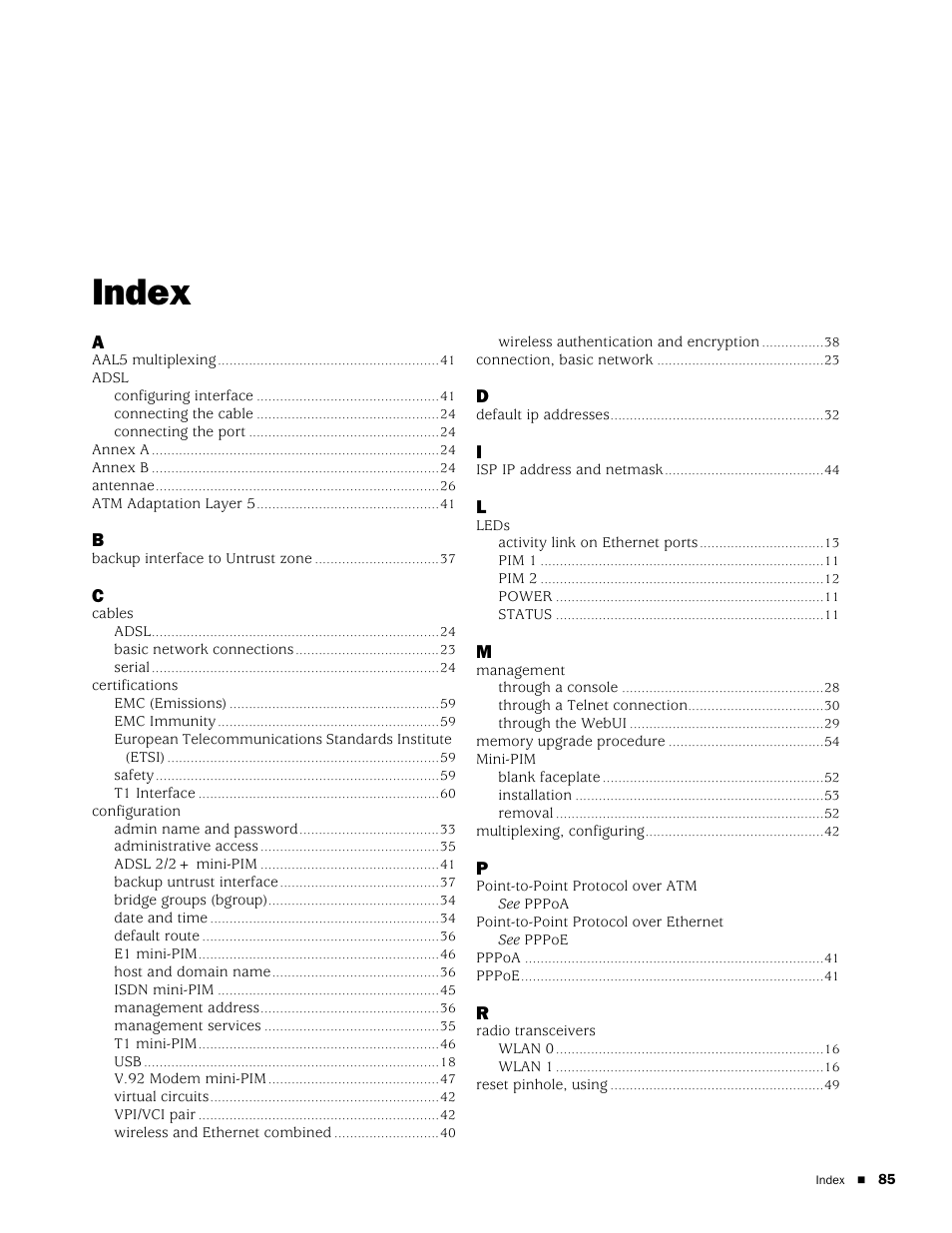 Index | Juniper Networks SSG 20 User Manual | Page 85 / 86