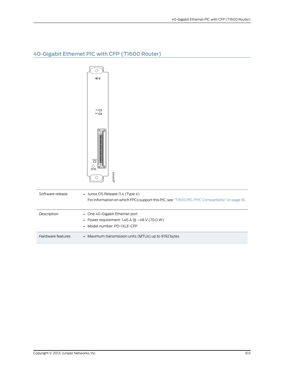 Gigabit ethernet pic with cfp (t1600 router) | Juniper Networks T1600 User Manual | Page 103 / 151