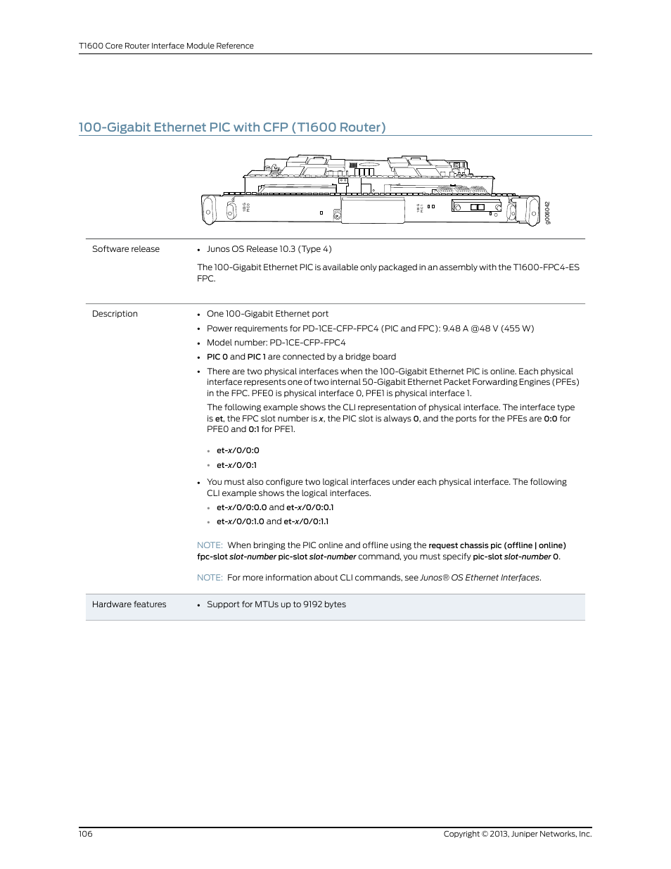 Gigabit ethernet pic with cfp (t1600 router) | Juniper Networks T1600 User Manual | Page 106 / 151