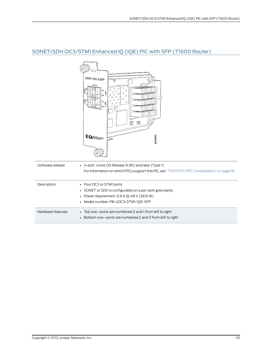 Sonet/sdh oc3/stm1 enhanced iq (iqe) pic with | Juniper Networks T1600 User Manual | Page 113 / 151