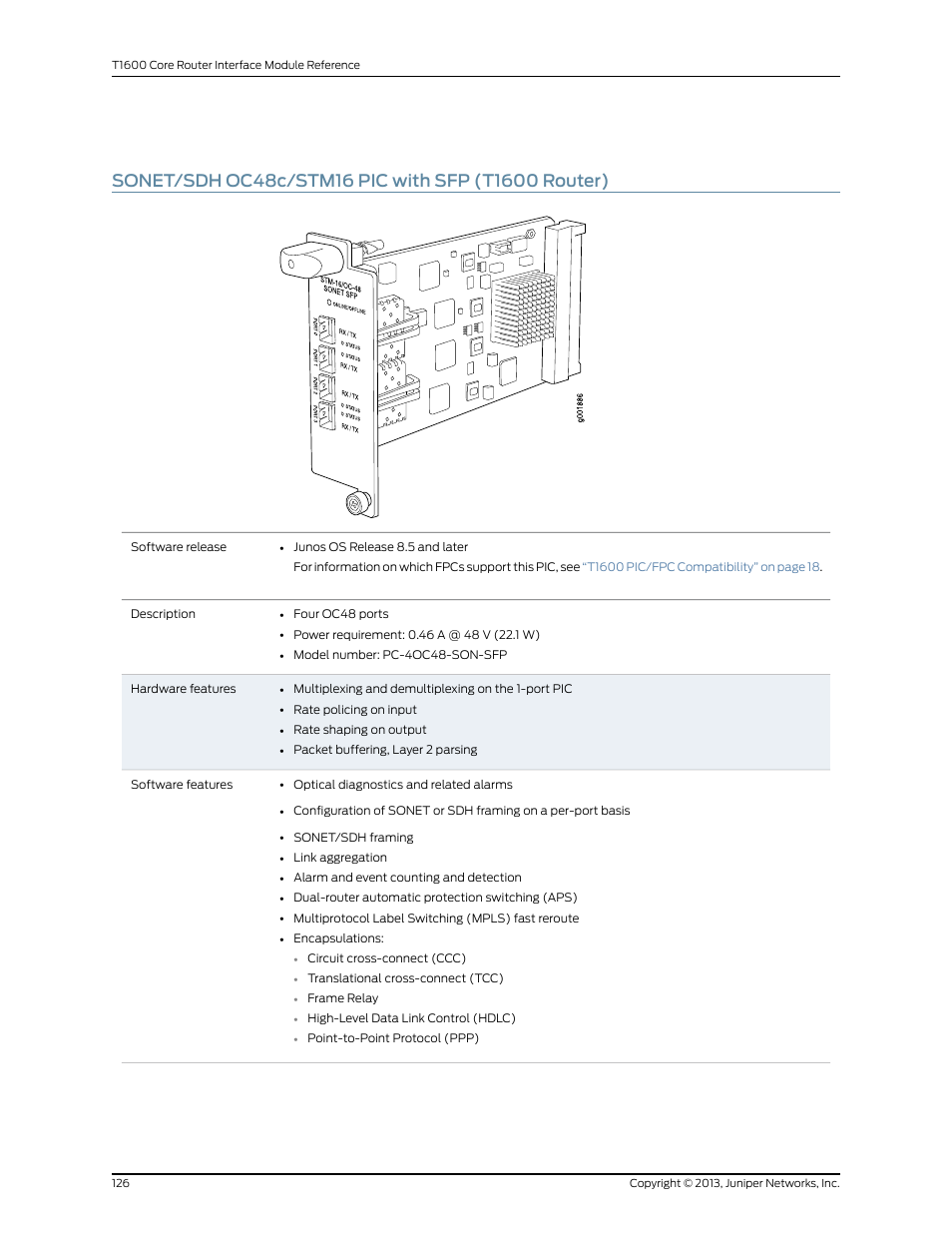 Sonet/sdh oc48c/stm16 pic with sfp (t1600 router) | Juniper Networks T1600 User Manual | Page 126 / 151