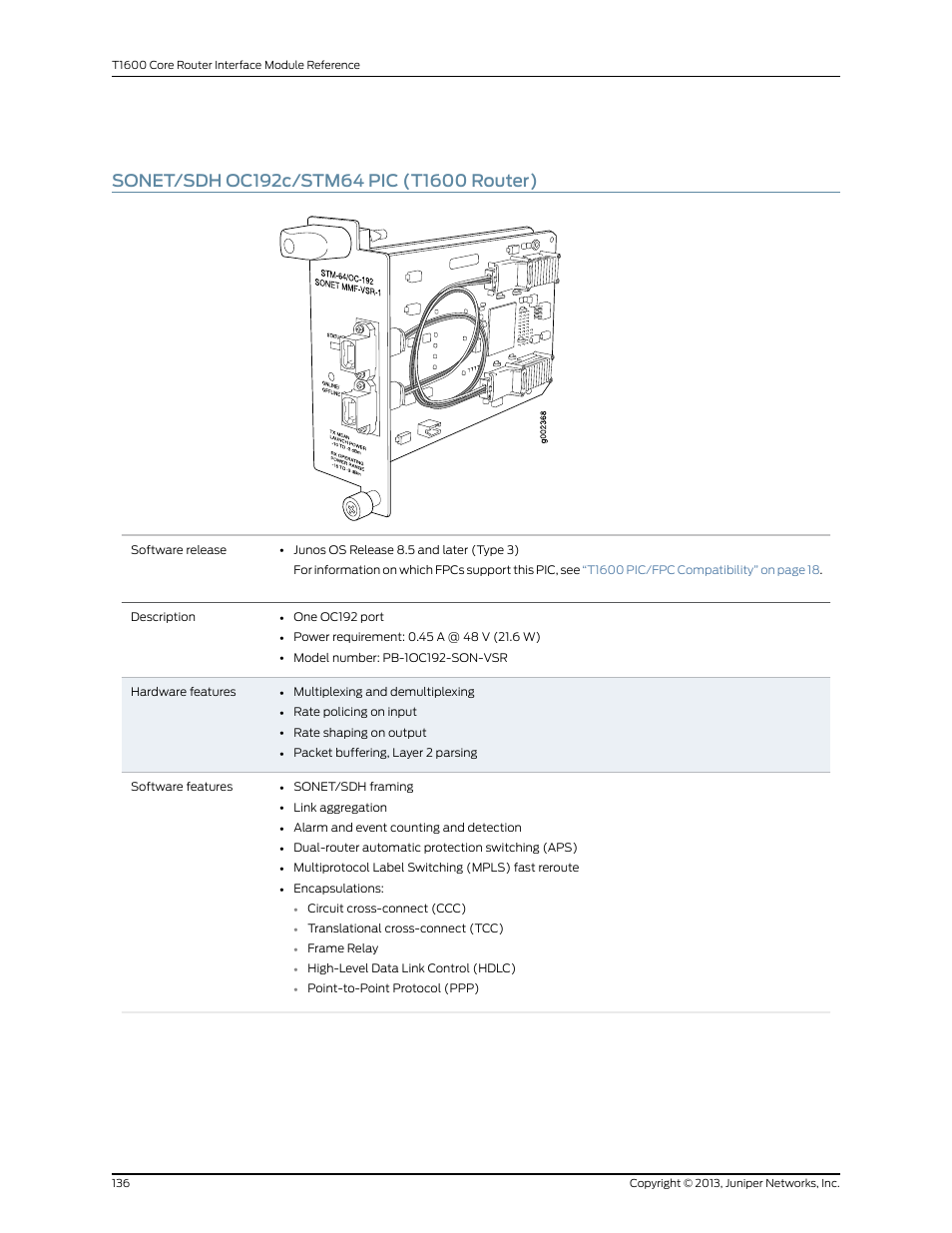 Sonet/sdh oc192c/stm64 pic (t1600 router) | Juniper Networks T1600 User Manual | Page 136 / 151