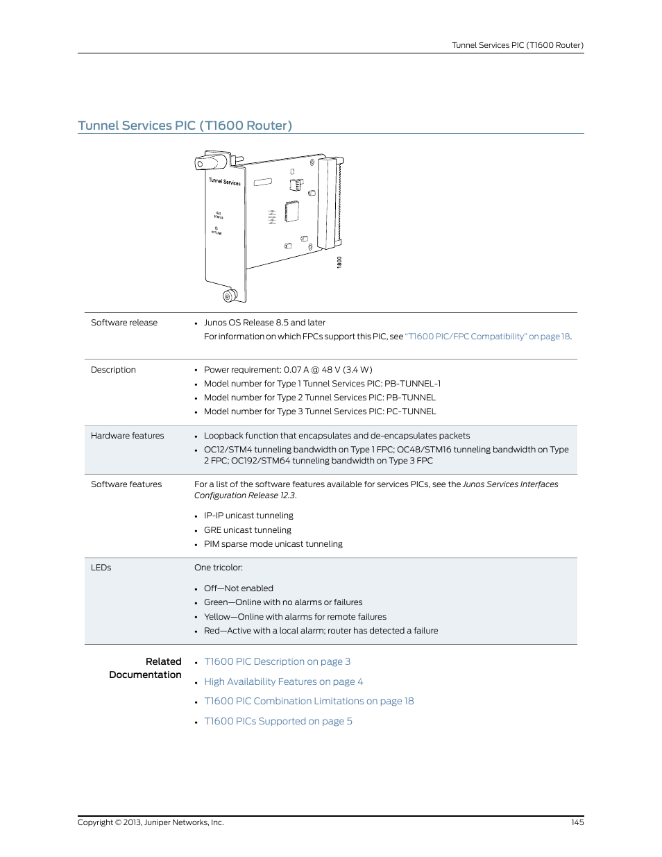 Tunnel services pic (t1600 router) | Juniper Networks T1600 User Manual | Page 145 / 151