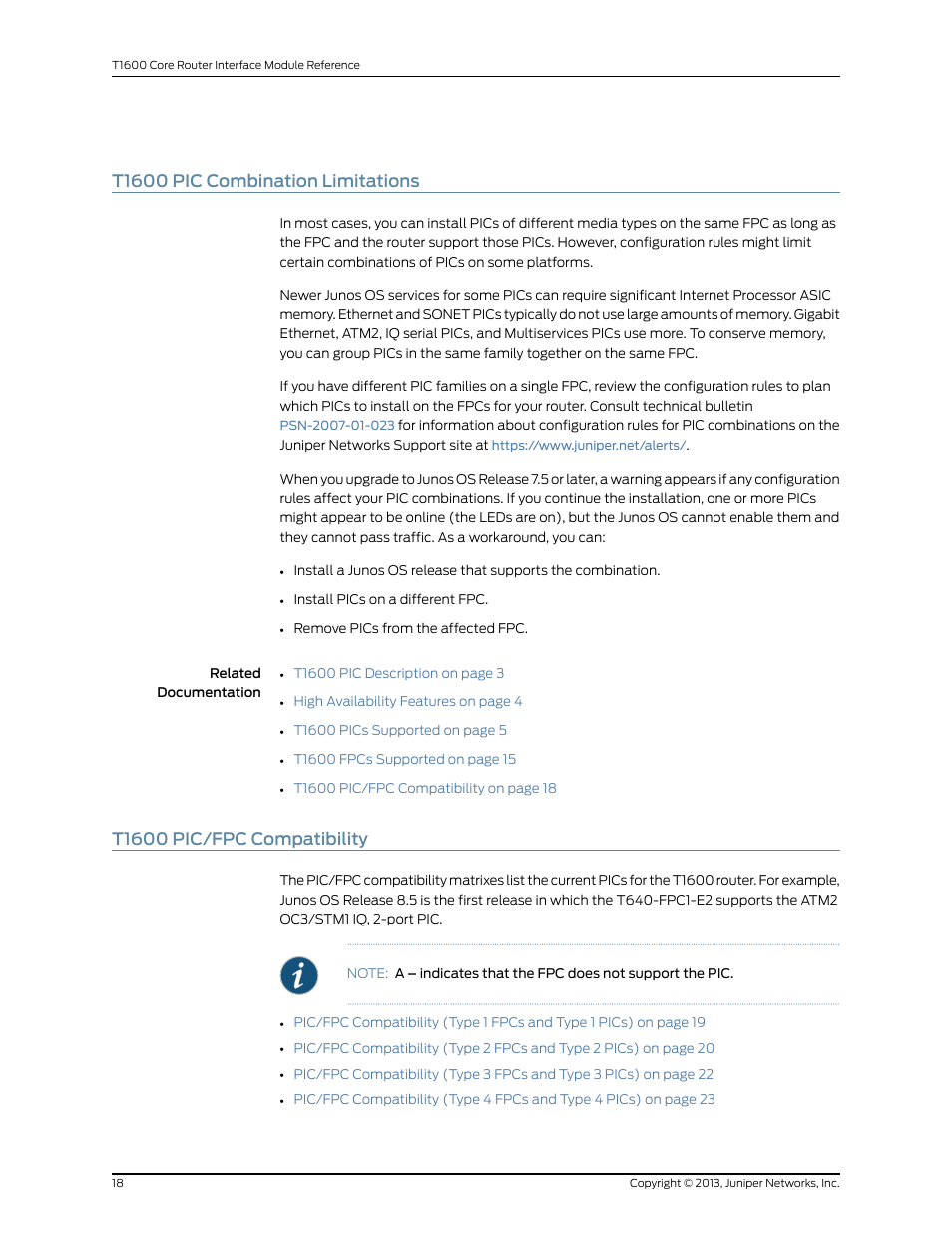 T1600 pic combination limitations, T1600 pic/fpc compatibility, 18 t1600 pic/fpc compatibility | Juniper Networks T1600 User Manual | Page 18 / 151
