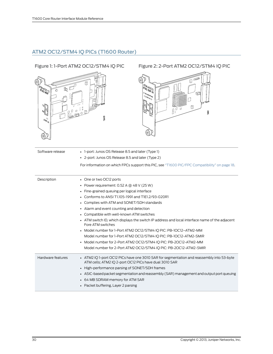 Atm2 oc12/stm4 iq pics (t1600 router) | Juniper Networks T1600 User Manual | Page 30 / 151