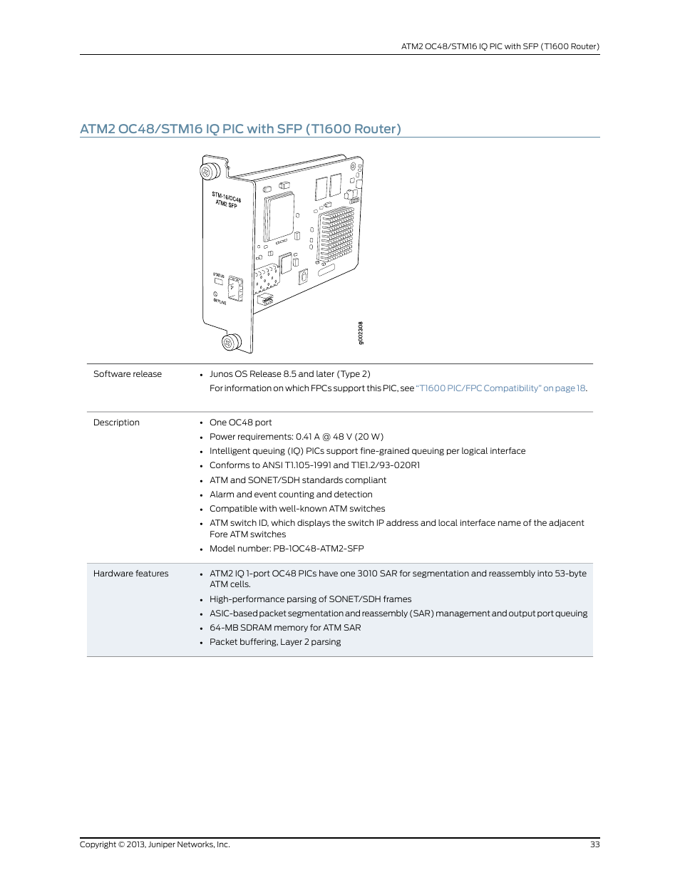 Atm2 oc48/stm16 iq pic with sfp (t1600 router) | Juniper Networks T1600 User Manual | Page 33 / 151