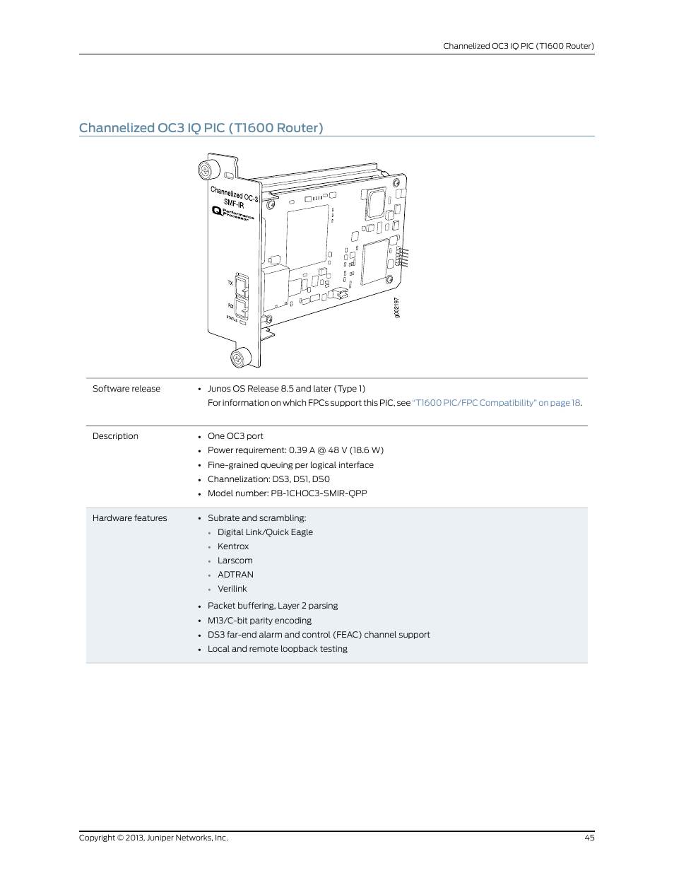 Channelized oc3 iq pic (t1600 router) | Juniper Networks T1600 User Manual | Page 45 / 151