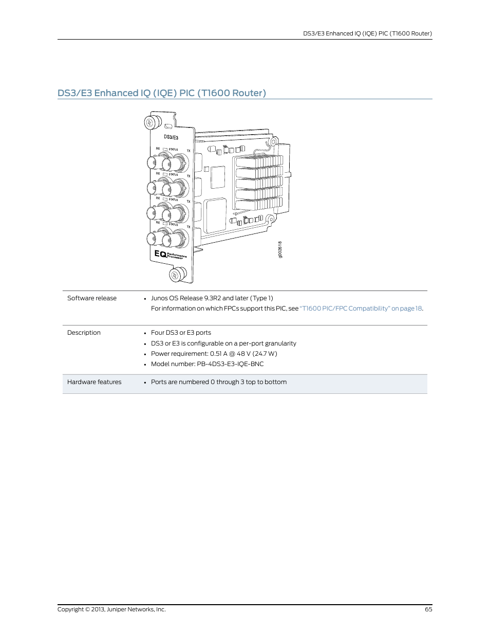 Ds3/e3 enhanced iq (iqe) pic (t1600 router) | Juniper Networks T1600 User Manual | Page 65 / 151