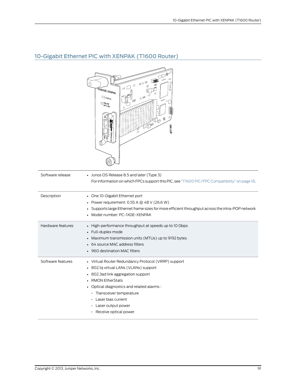 Gigabit ethernet pic with xenpak (t1600 router) | Juniper Networks T1600 User Manual | Page 91 / 151