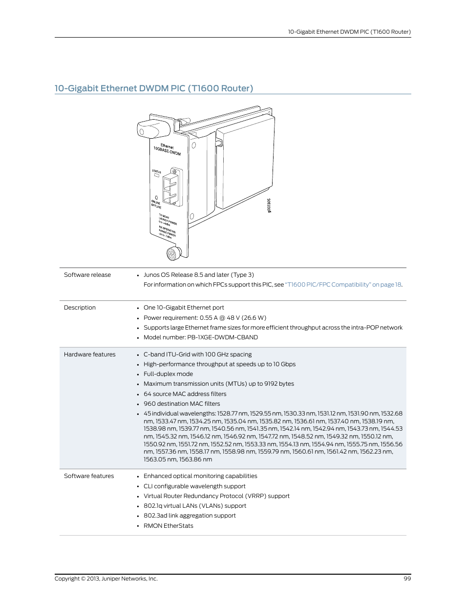 Gigabit ethernet dwdm pic (t1600 router) | Juniper Networks T1600 User Manual | Page 99 / 151