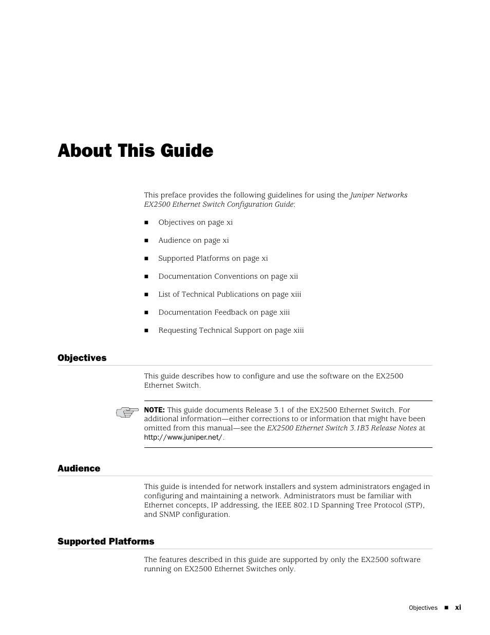 About this guide | Juniper Networks EX2500 User Manual | Page 11 / 106