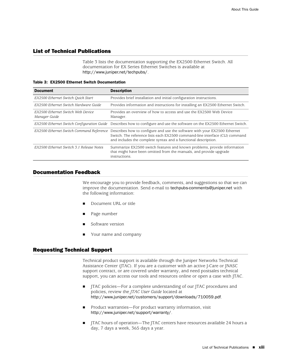 Table 3, List of technical publications, Documentation feedback | Requesting technical support | Juniper Networks EX2500 User Manual | Page 13 / 106
