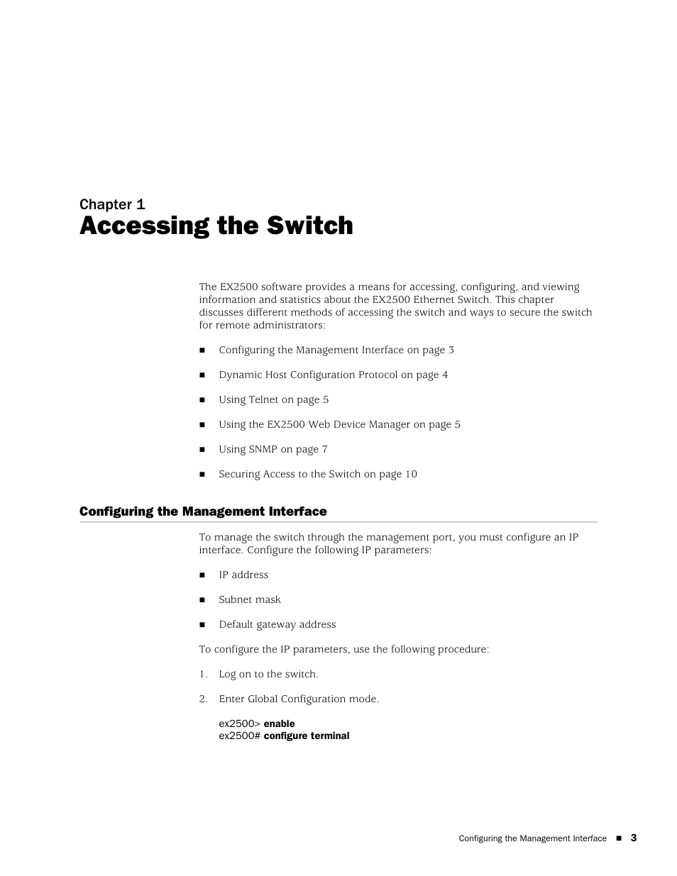 Accessing the switch, Configuring the management interface, Chapter 1 | Juniper Networks EX2500 User Manual | Page 17 / 106