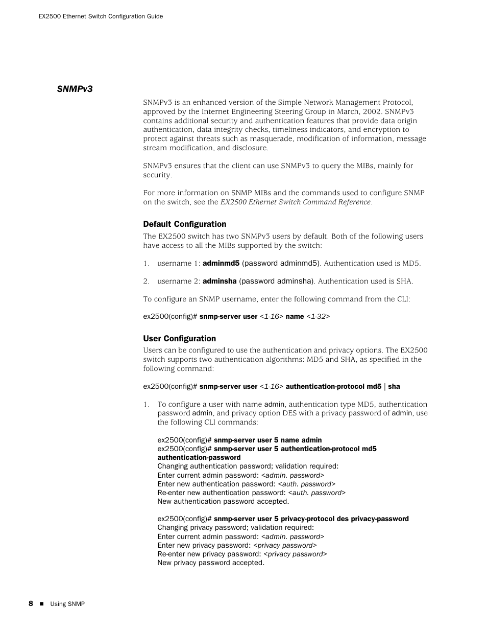 Snmpv3, Default configuration, User configuration | Default configuration user configuration | Juniper Networks EX2500 User Manual | Page 22 / 106