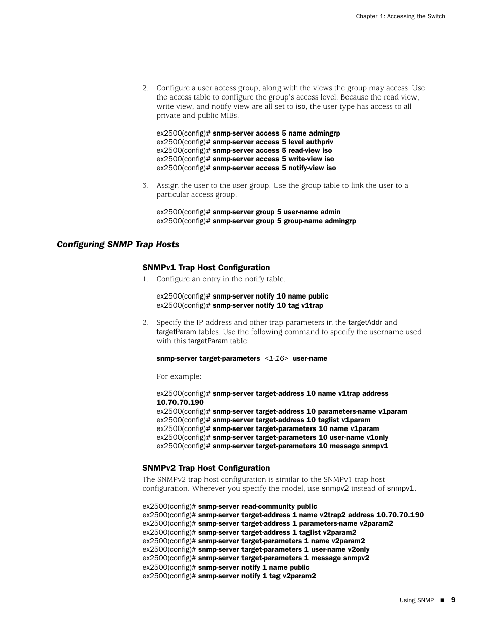 Configuring snmp trap hosts, Snmpv1 trap host configuration, Snmpv2 trap host configuration | Juniper Networks EX2500 User Manual | Page 23 / 106