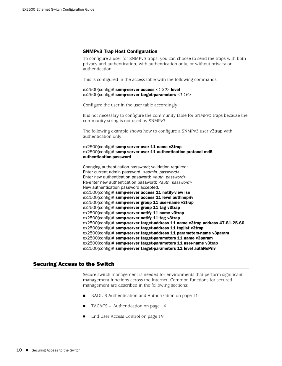 Snmpv3 trap host configuration, Securing access to the switch | Juniper Networks EX2500 User Manual | Page 24 / 106