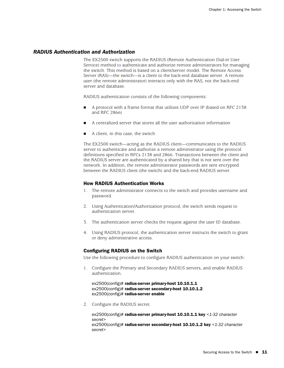 Radius authentication and authorization, How radius authentication works, Configuring radius on the switch | Juniper Networks EX2500 User Manual | Page 25 / 106