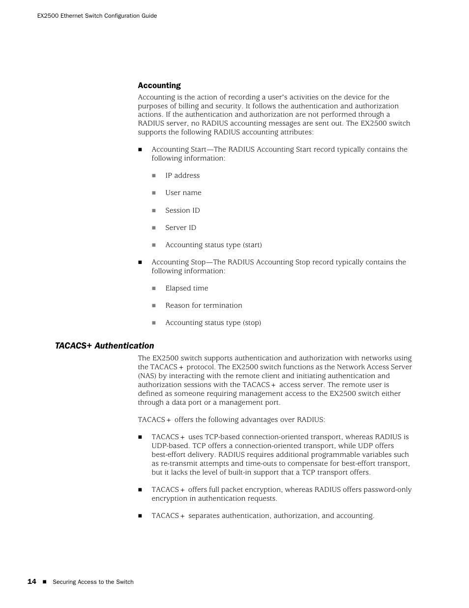 Accounting, Tacacs+ authentication | Juniper Networks EX2500 User Manual | Page 28 / 106