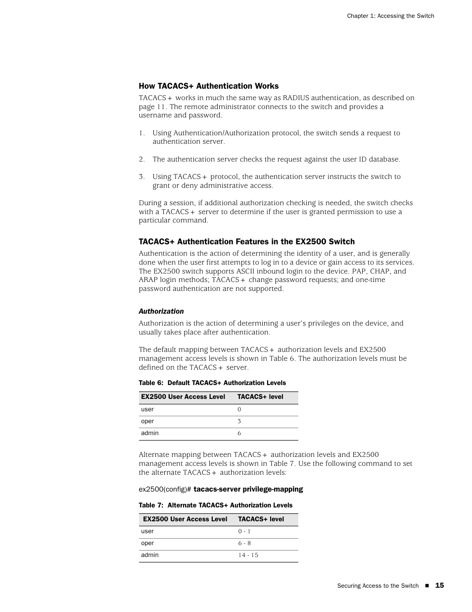 How tacacs+ authentication works, Authorization, Table 6 | Default tacacs+ authorization levels, Table 7, Alternate tacacs+ authorization levels | Juniper Networks EX2500 User Manual | Page 29 / 106