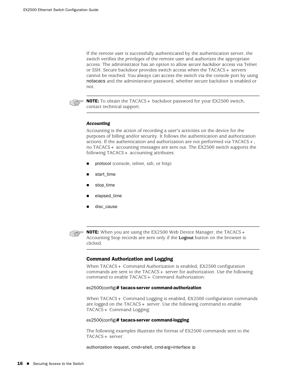 Accounting, Command authorization and logging | Juniper Networks EX2500 User Manual | Page 30 / 106