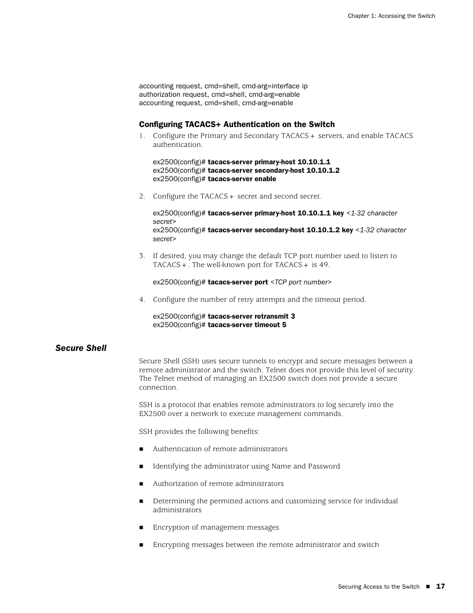 Configuring tacacs+ authentication on the switch, Secure shell | Juniper Networks EX2500 User Manual | Page 31 / 106