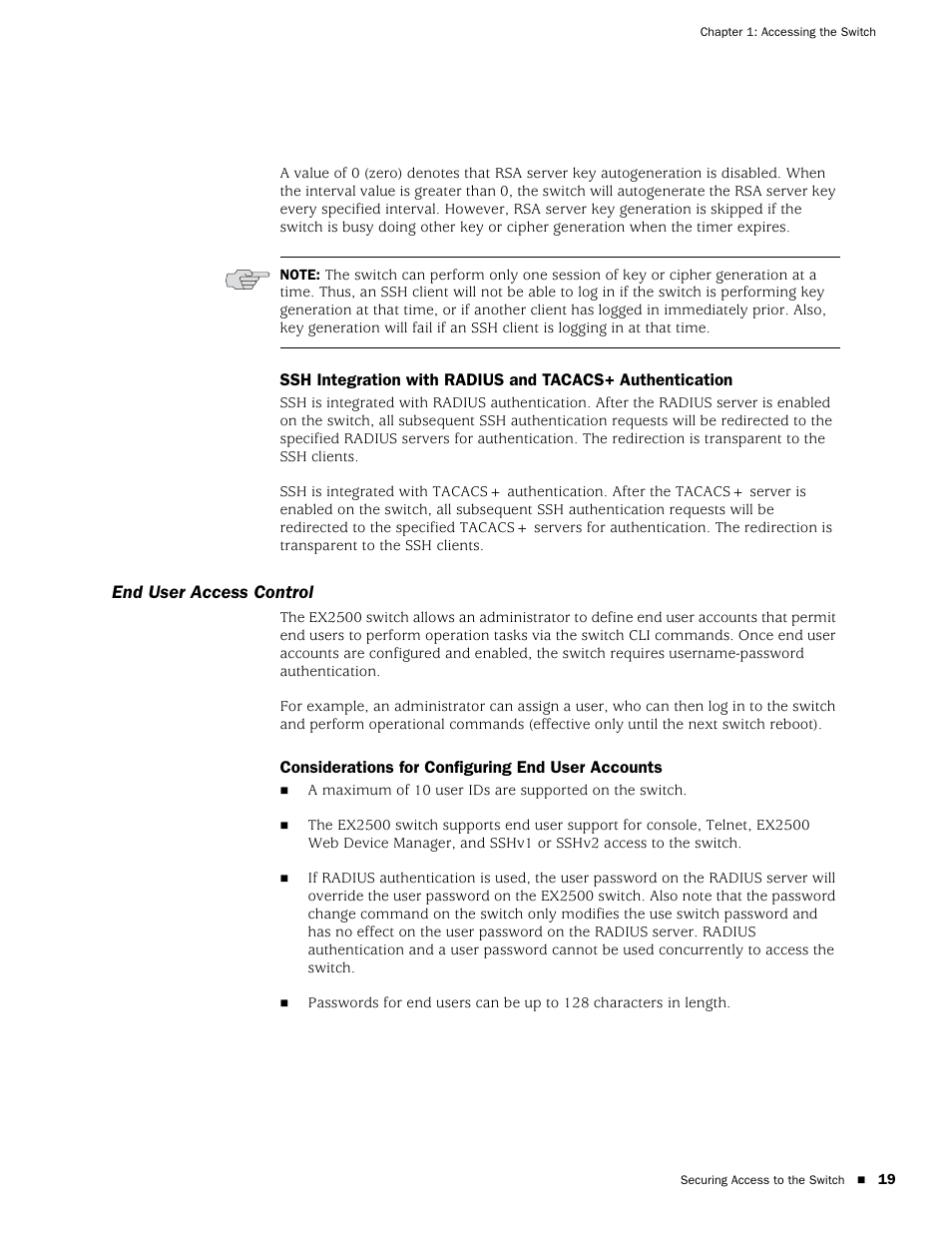 End user access control, Considerations for configuring end user accounts | Juniper Networks EX2500 User Manual | Page 33 / 106