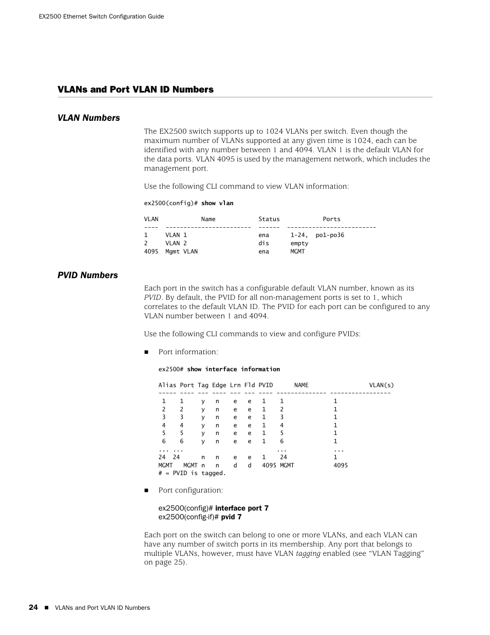 Vlans and port vlan id numbers, Vlan numbers, Pvid numbers | Vlan numbers pvid numbers, Vlans and port vlan id numbers vlan numbers | Juniper Networks EX2500 User Manual | Page 38 / 106