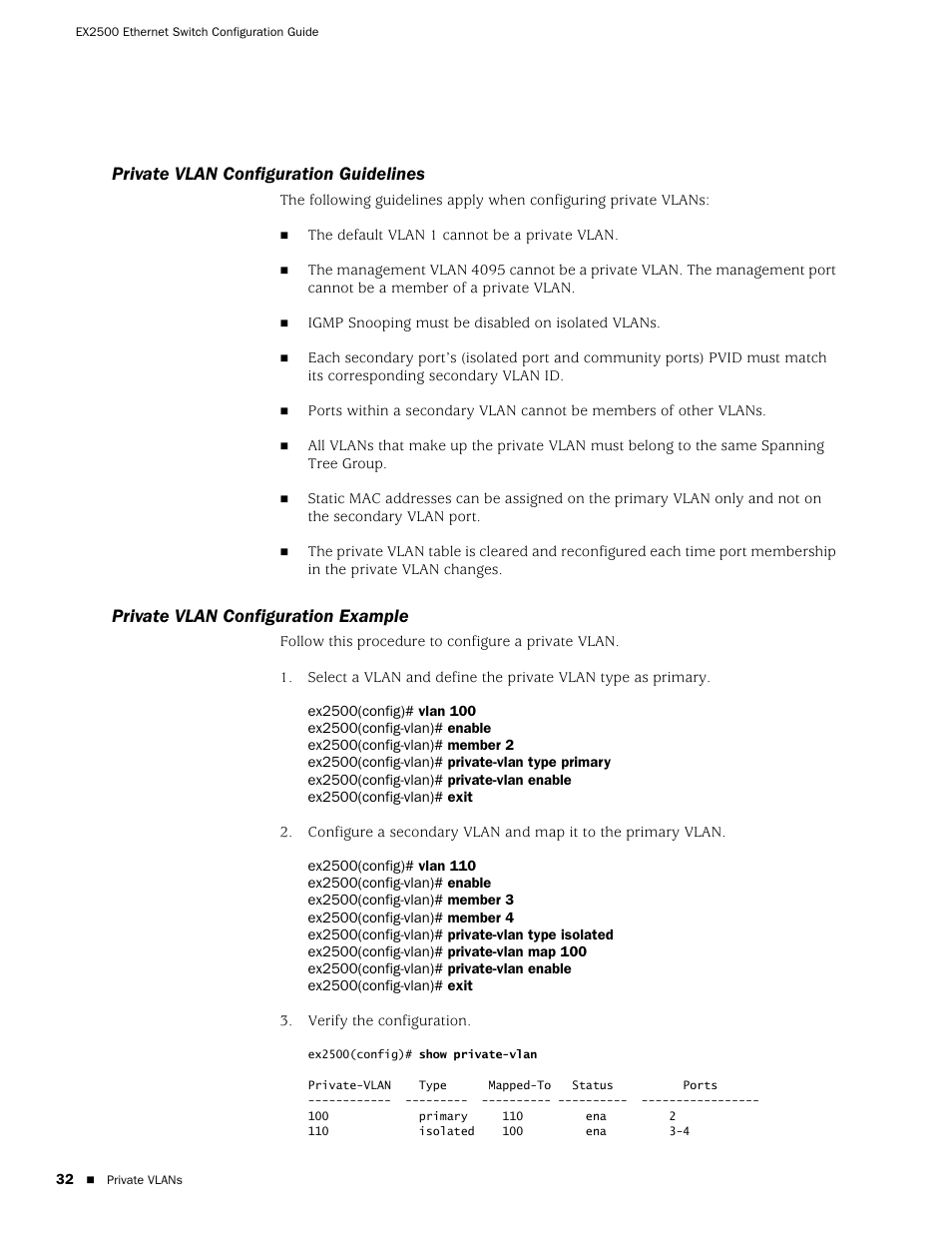 Private vlan configuration guidelines, Private vlan configuration example | Juniper Networks EX2500 User Manual | Page 46 / 106