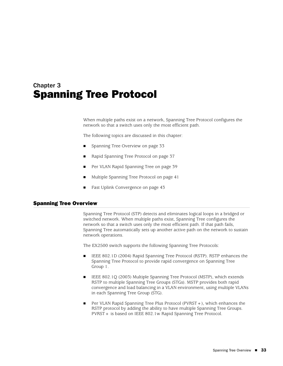 Spanning tree protocol, Spanning tree overview, Chapter 3 | Juniper Networks EX2500 User Manual | Page 47 / 106