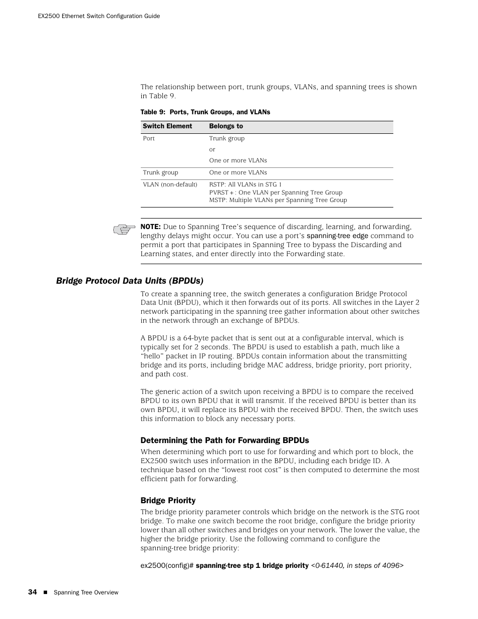 Bridge protocol data units (bpdus), Determining the path for forwarding bpdus, Bridge priority | Table 9, Ports, trunk groups, and vlans | Juniper Networks EX2500 User Manual | Page 48 / 106