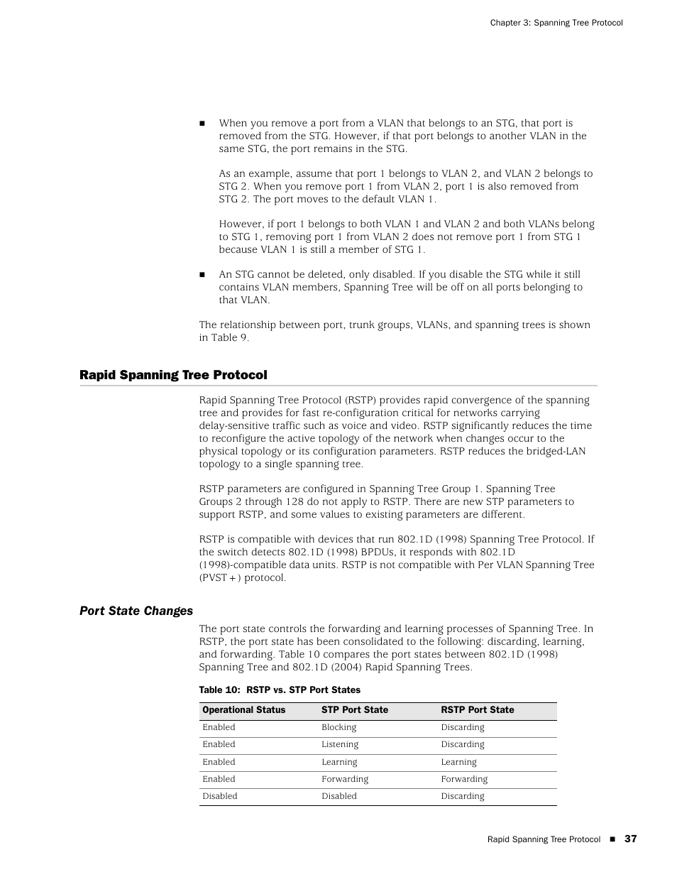 Rapid spanning tree protocol, Port state changes, Table 10: rstp vs. stp port states | Juniper Networks EX2500 User Manual | Page 51 / 106