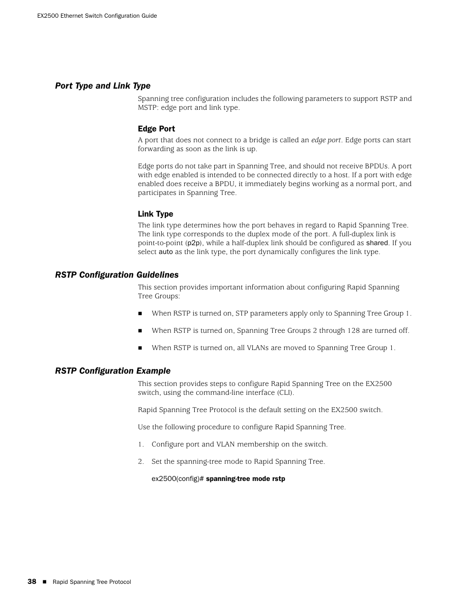 Port type and link type, Edge port, Link type | Rstp configuration guidelines, Rstp configuration example, Edge port link type | Juniper Networks EX2500 User Manual | Page 52 / 106