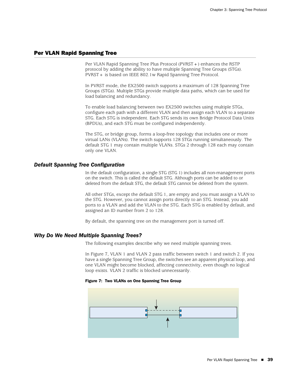 Per vlan rapid spanning tree, Default spanning tree configuration, Why do we need multiple spanning trees | Figure 7: two vlans on one spanning tree group | Juniper Networks EX2500 User Manual | Page 53 / 106