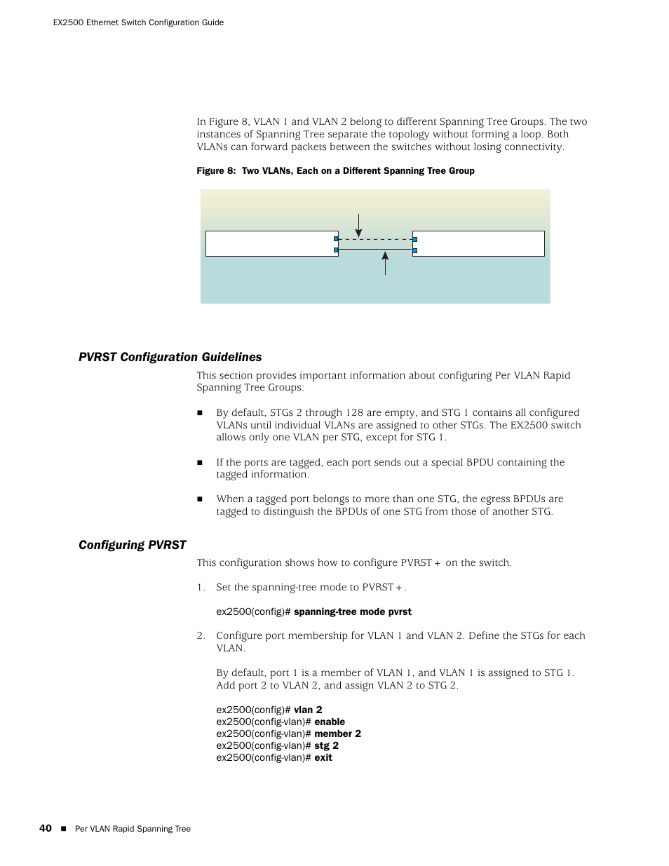Pvrst configuration guidelines, Configuring pvrst, Pvrst configuration guidelines configuring pvrst | Juniper Networks EX2500 User Manual | Page 54 / 106