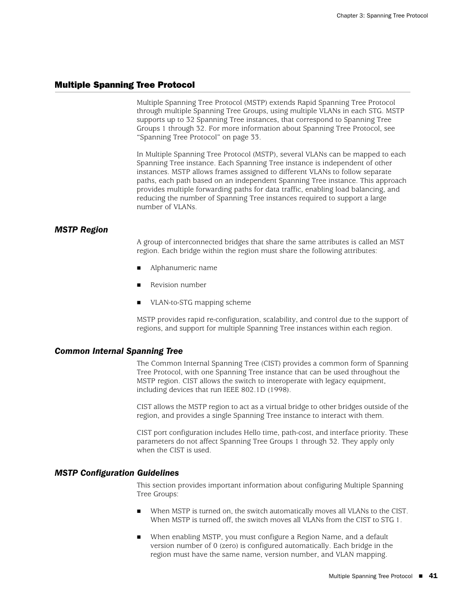 Multiple spanning tree protocol, Mstp region, Common internal spanning tree | Mstp configuration guidelines | Juniper Networks EX2500 User Manual | Page 55 / 106