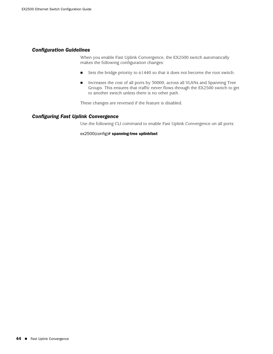 Configuration guidelines, Configuring fast uplink convergence | Juniper Networks EX2500 User Manual | Page 58 / 106