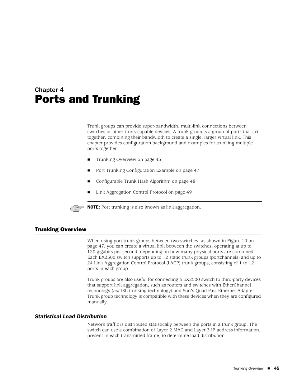 Ports and trunking, Trunking overview, Statistical load distribution | Chapter 4 | Juniper Networks EX2500 User Manual | Page 59 / 106