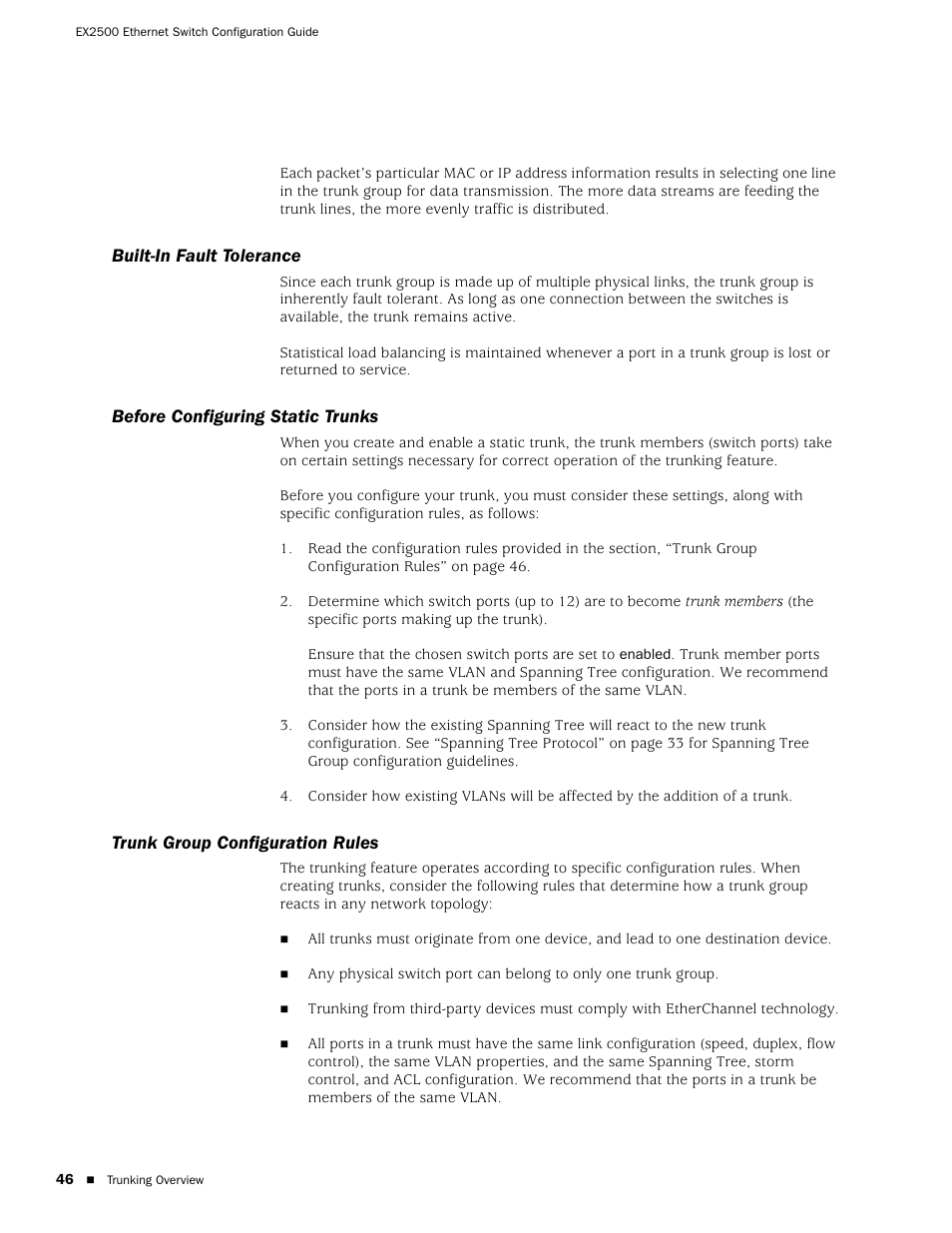Built-in fault tolerance, Before configuring static trunks, Trunk group configuration rules | Juniper Networks EX2500 User Manual | Page 60 / 106