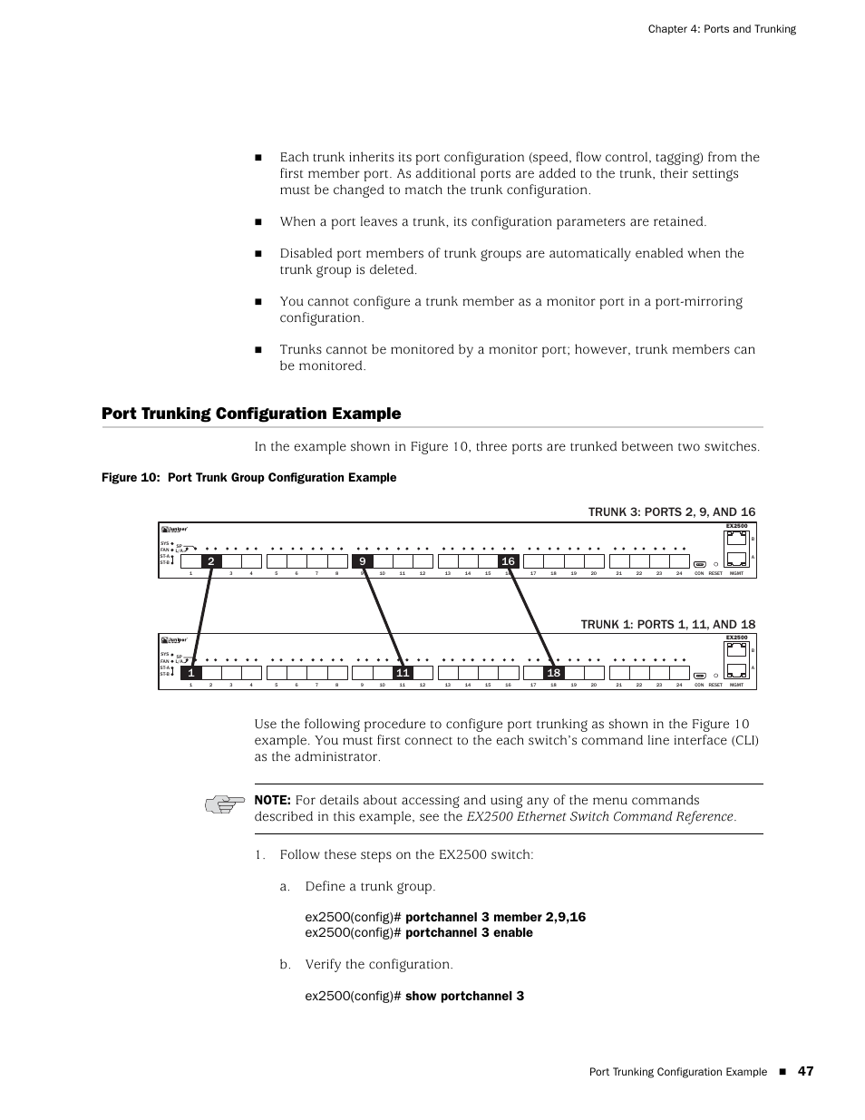 Port trunking configuration example, Figure 10: port trunk group configuration example, B. verify the configuration | Chapter 4: ports and trunking | Juniper Networks EX2500 User Manual | Page 61 / 106