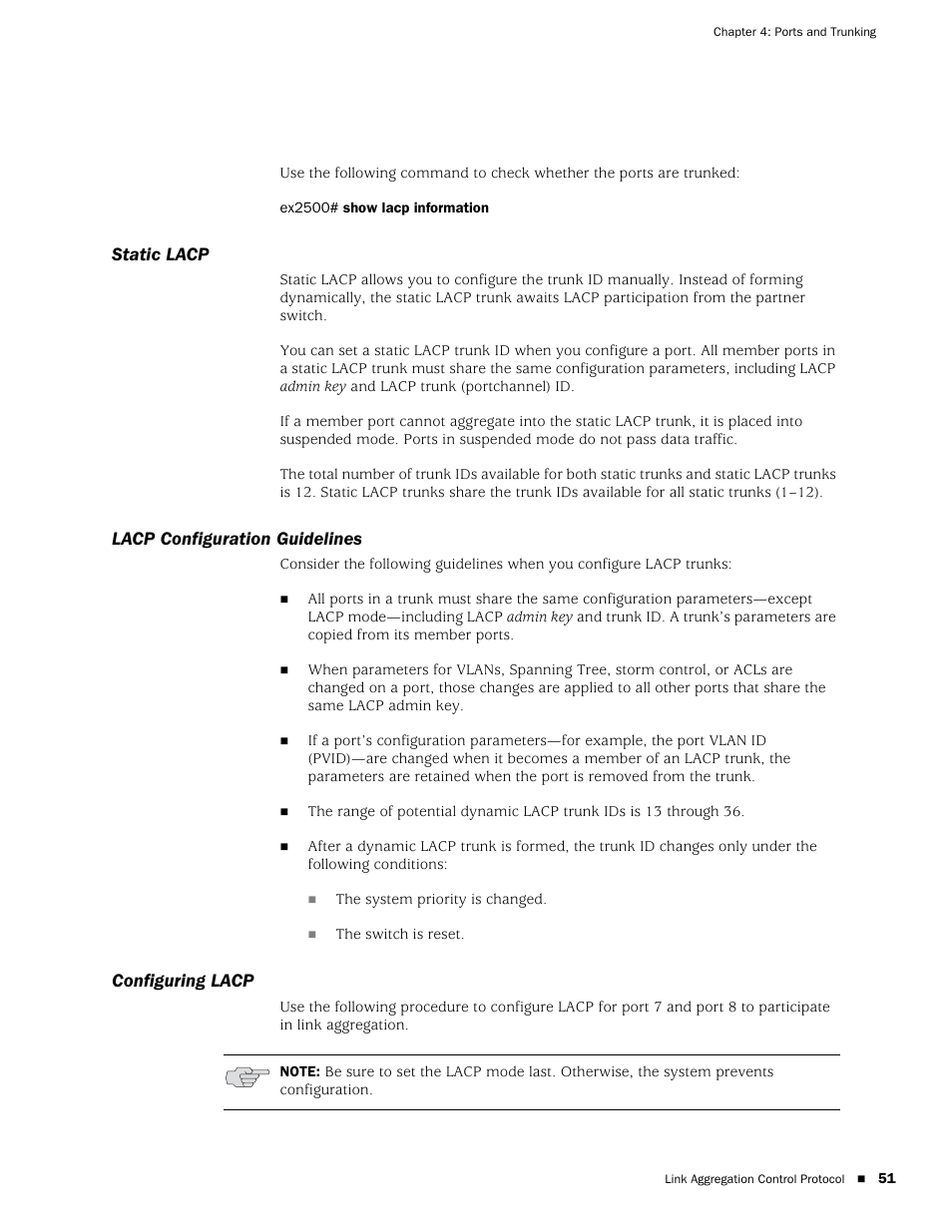 Static lacp, Lacp configuration guidelines, Configuring lacp | Juniper Networks EX2500 User Manual | Page 65 / 106