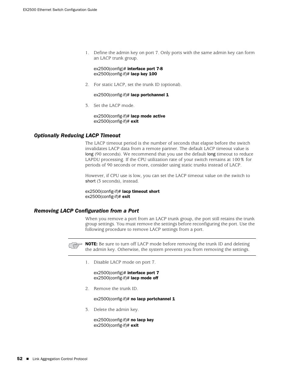 Optionally reducing lacp timeout, Removing lacp configuration from a port | Juniper Networks EX2500 User Manual | Page 66 / 106