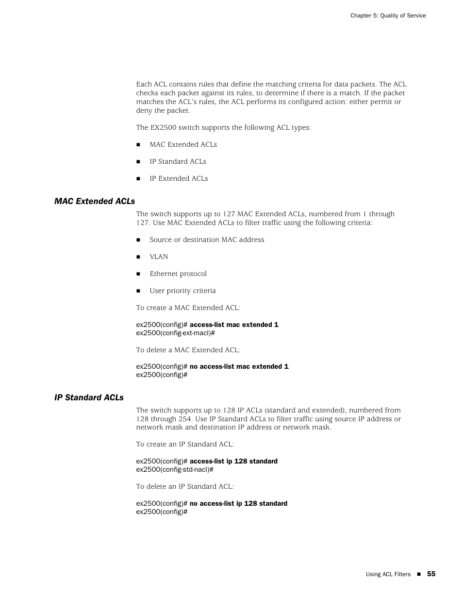 Mac extended acls, Ip standard acls, Mac extended acls ip standard acls | Juniper Networks EX2500 User Manual | Page 69 / 106