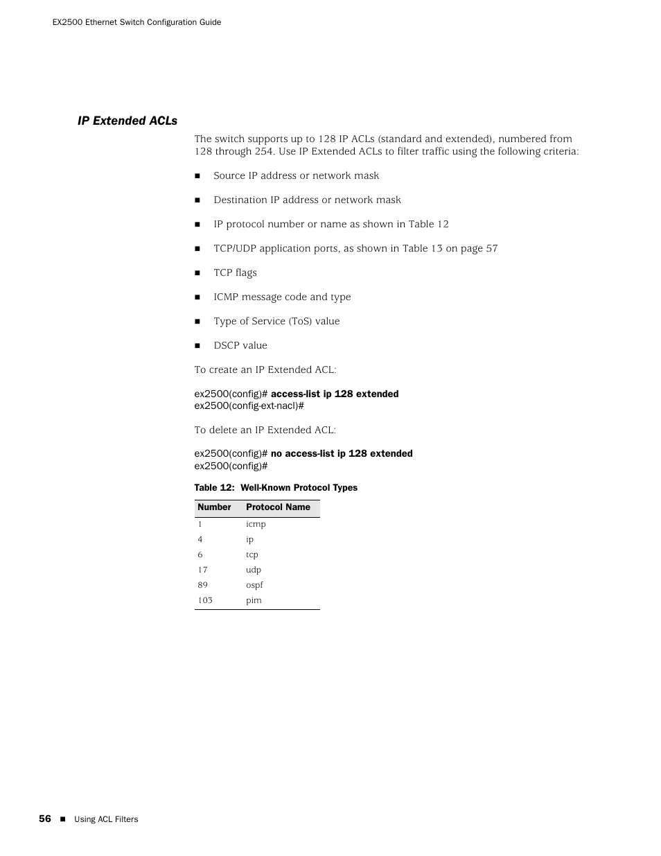 Ip extended acls, Table 12: well-known protocol types | Juniper Networks EX2500 User Manual | Page 70 / 106
