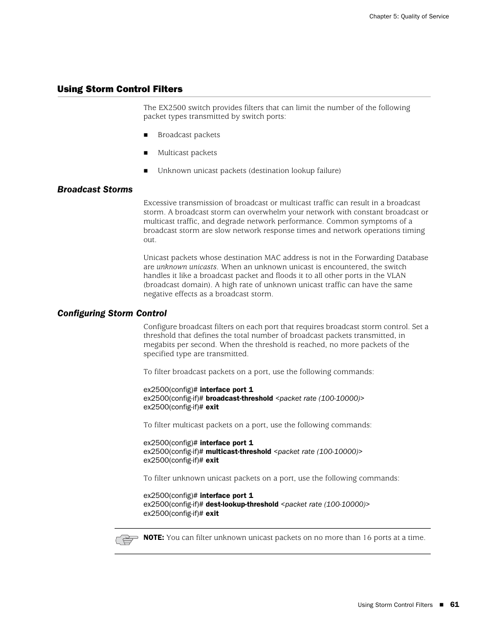 Using storm control filters, Broadcast storms, Configuring storm control | Broadcast storms configuring storm control | Juniper Networks EX2500 User Manual | Page 75 / 106