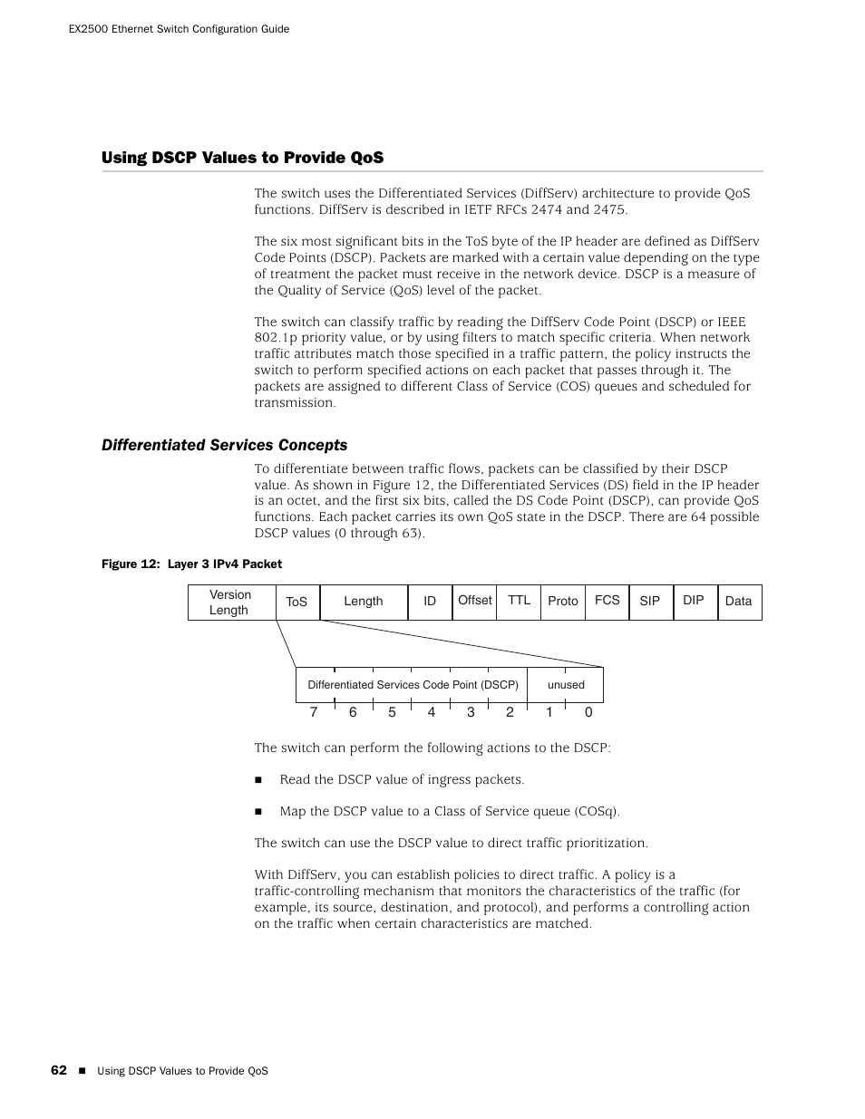 Using dscp values to provide qos, Differentiated services concepts, Figure 12: layer 3 ipv4 packet | Juniper Networks EX2500 User Manual | Page 76 / 106