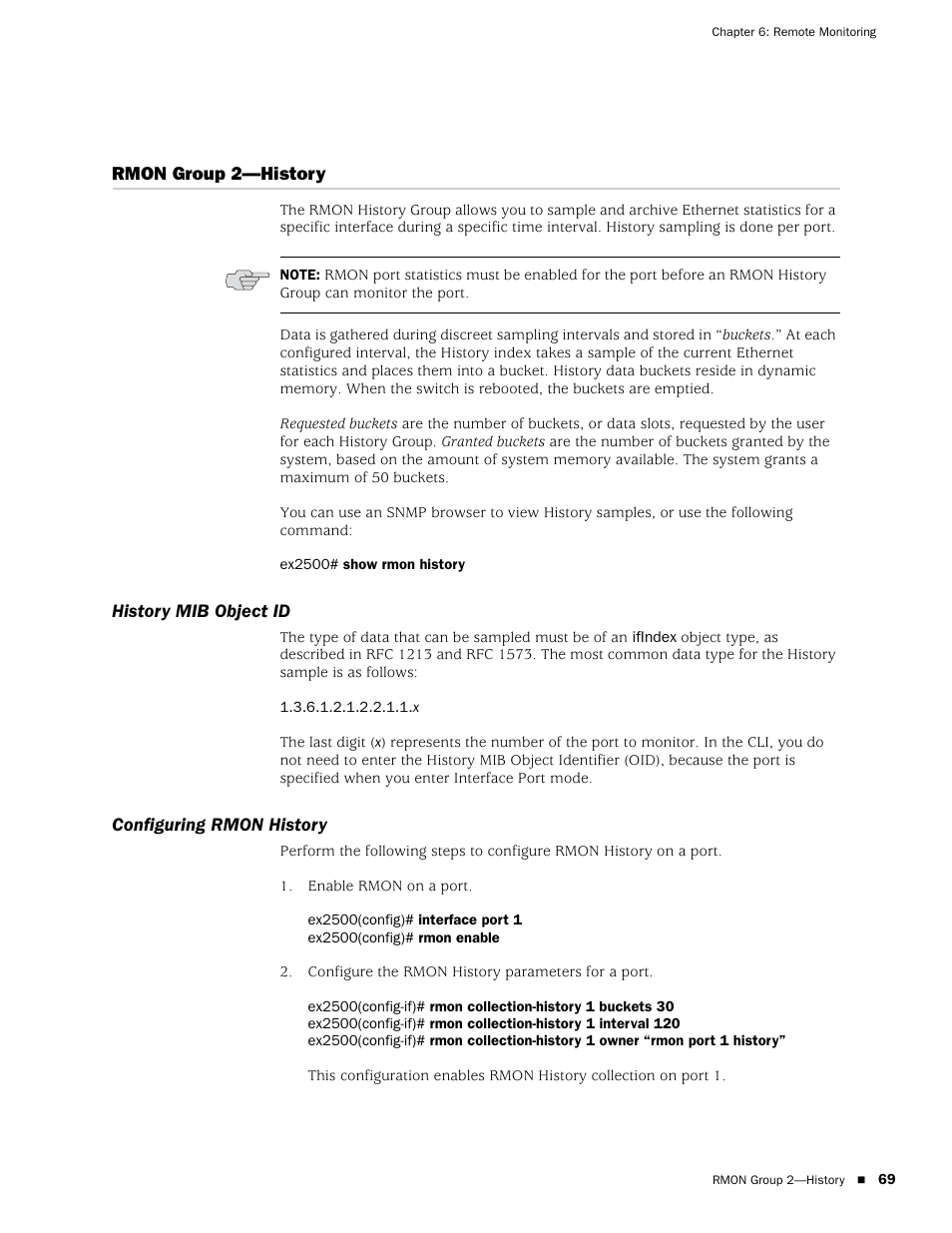 Rmon group 2-history, History mib object id, Configuring rmon history | Rmon group 2—history, History mib object id configuring rmon history | Juniper Networks EX2500 User Manual | Page 83 / 106