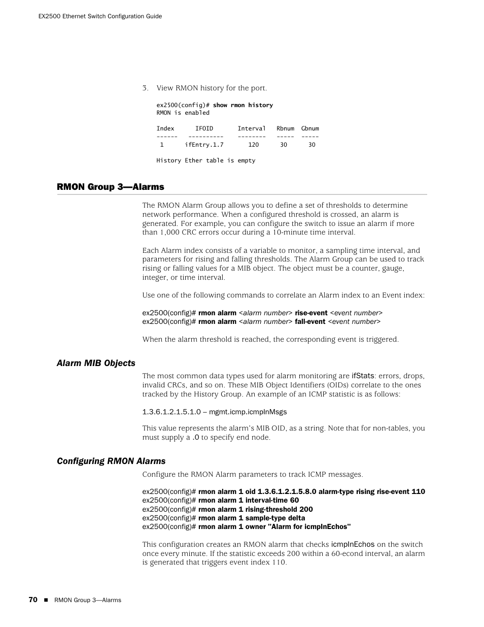 Rmon group 3-alarms, Alarm mib objects, Configuring rmon alarms | Rmon group 3—alarms, Alarm mib objects configuring rmon alarms | Juniper Networks EX2500 User Manual | Page 84 / 106