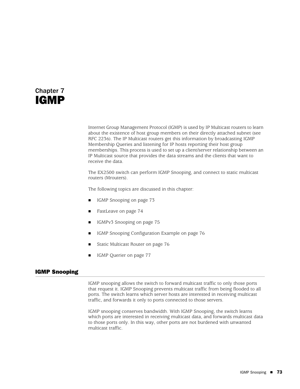 Igmp, Igmp snooping, Chapter 7 | Juniper Networks EX2500 User Manual | Page 87 / 106