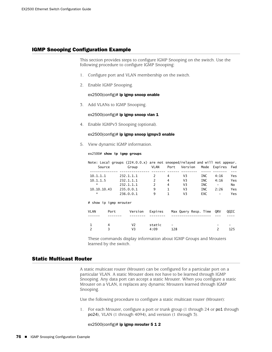 Igmp snooping configuration example, Static multicast router | Juniper Networks EX2500 User Manual | Page 90 / 106